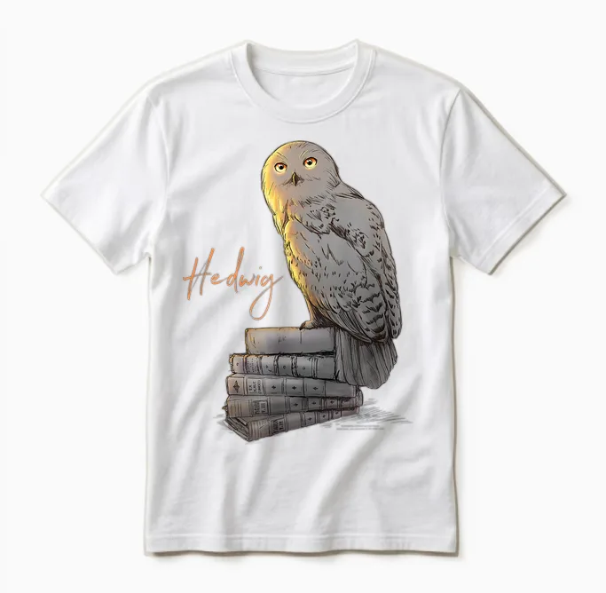Harry Potter Hedwig Books Painted T-Shirt, Black Unisex T-Shirt in White