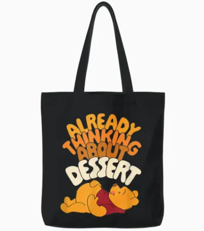 Amazon Essentials Winnie the Pooh Thanksgiving Already Thinking About Dessert Tote Bags - Black