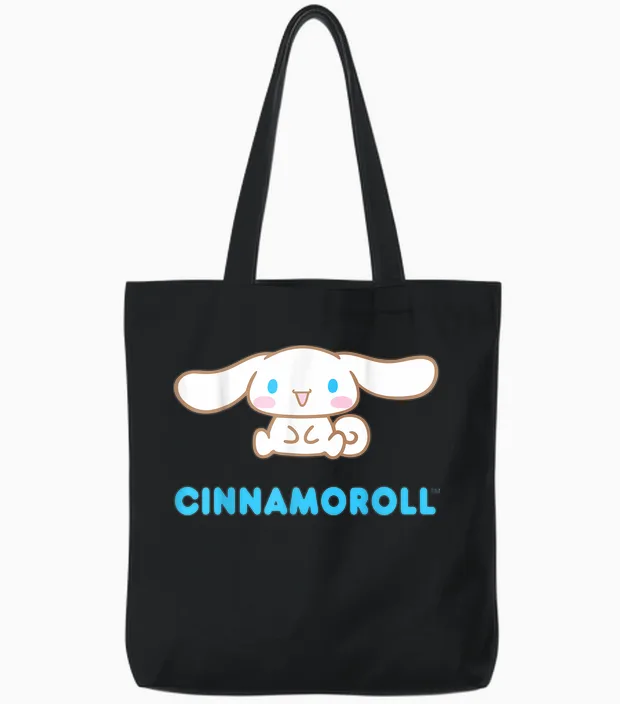 Sanrio Cinnamoroll Character Front & Back T-Shirt, Black Tote Bags in Black