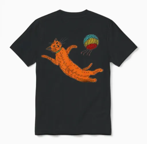 Chasing the Sack – Orange Cat Hacky Sack Unisex T-Shirt in Black