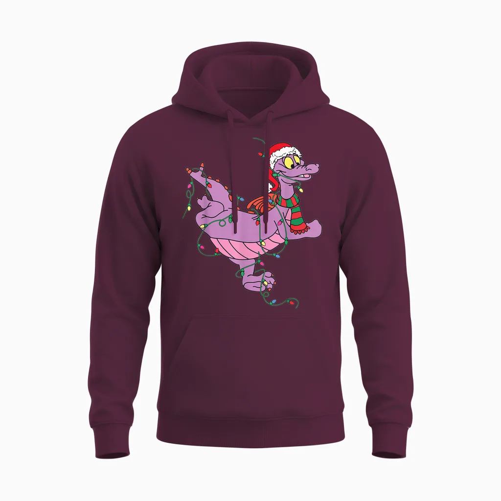 Cute Dragon Figment Lights Christmas Santa Animal Women Men Unisex Hoodie in Maroon