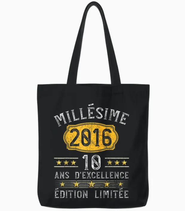 Vintage 2016 Gift 10 Years Boy Birthday Humour Tote Bags in Black