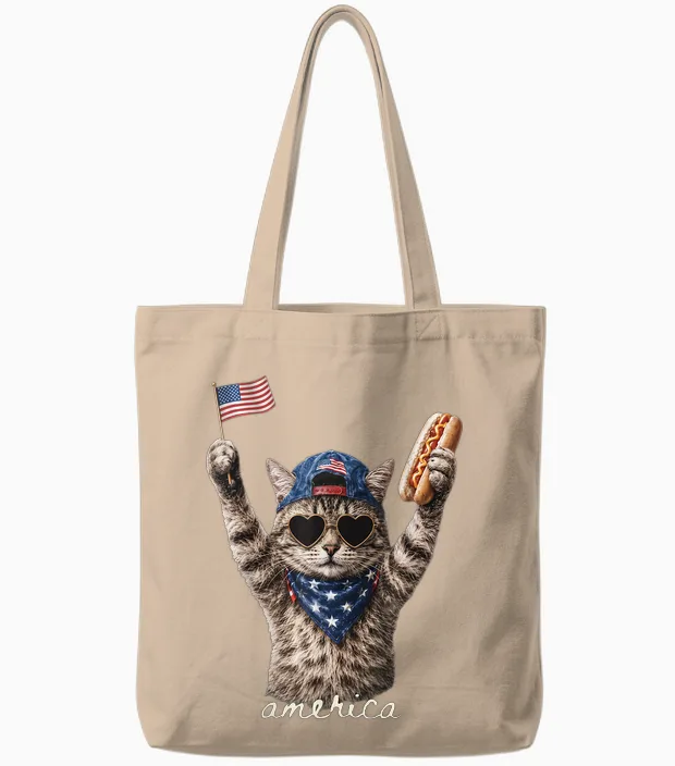 Retro Funny America Cat Hot Dog Lovers Patriotic Us Tote Bags in Natural