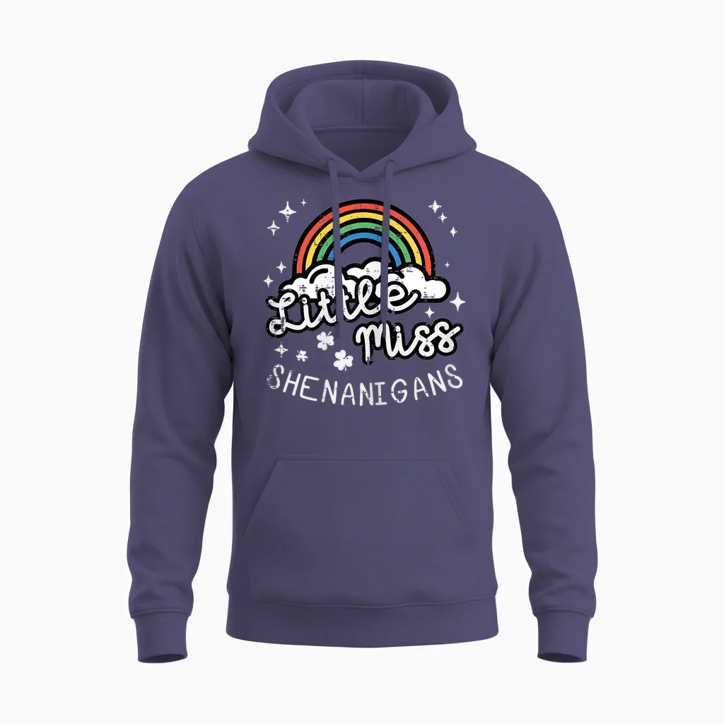 St Patricks Day Little Miss Shenanigans Rainbow Girls Unisex Hoodie in Heather Sport Dark Navy