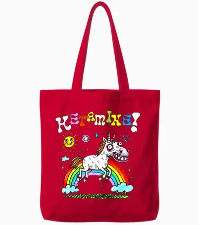 Horse with Ketamine Funny T-Shirt, Black, S Tote Bags - Red