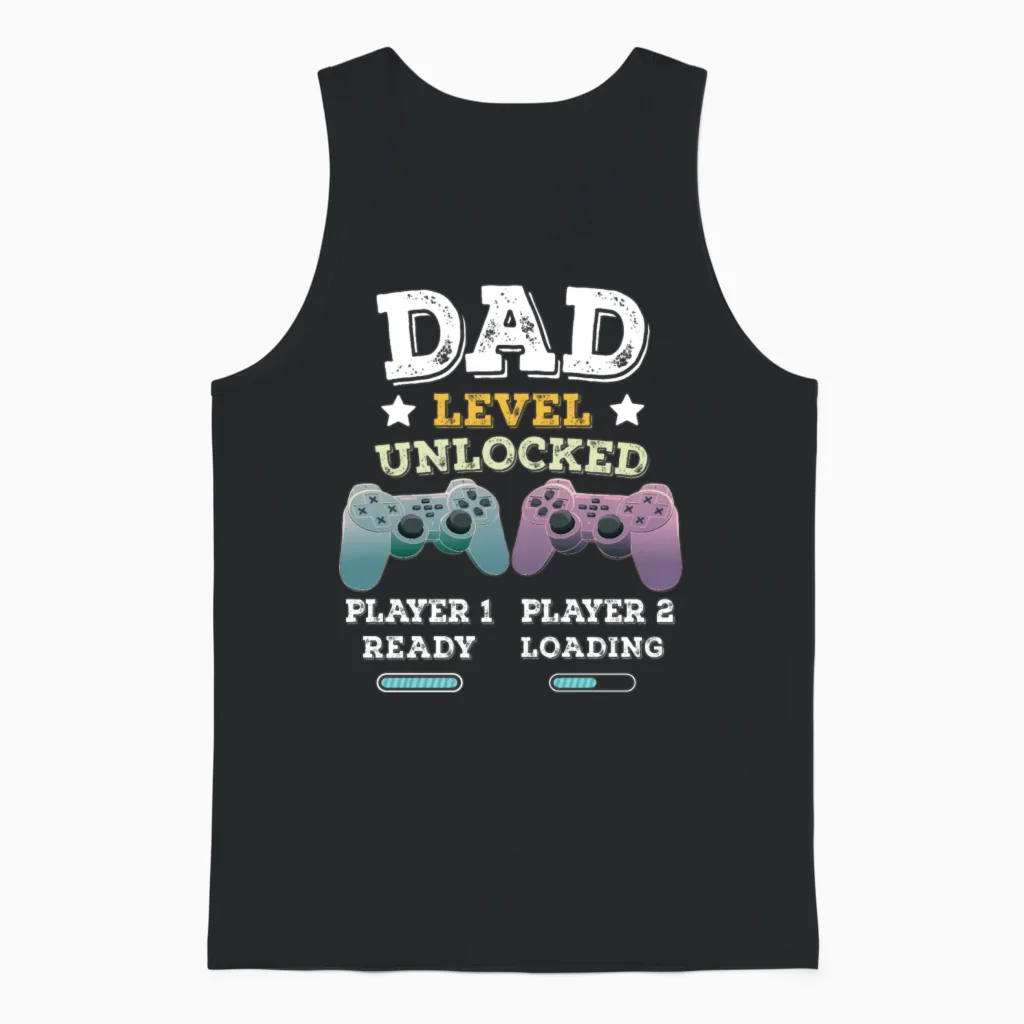 Dad Level Unlocked Pregnancy Announcement Gamer Unisex Tank Top in Black