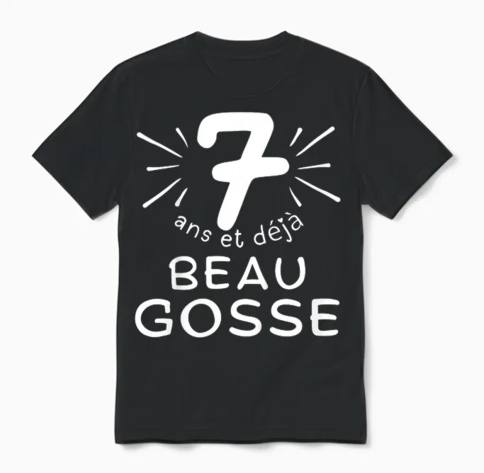 Child 7 Years Old and Already Handsome Kid. Phrase Humor for Gift Boy T-Shirt, Black, 2 Unisex T-Shirt in Black