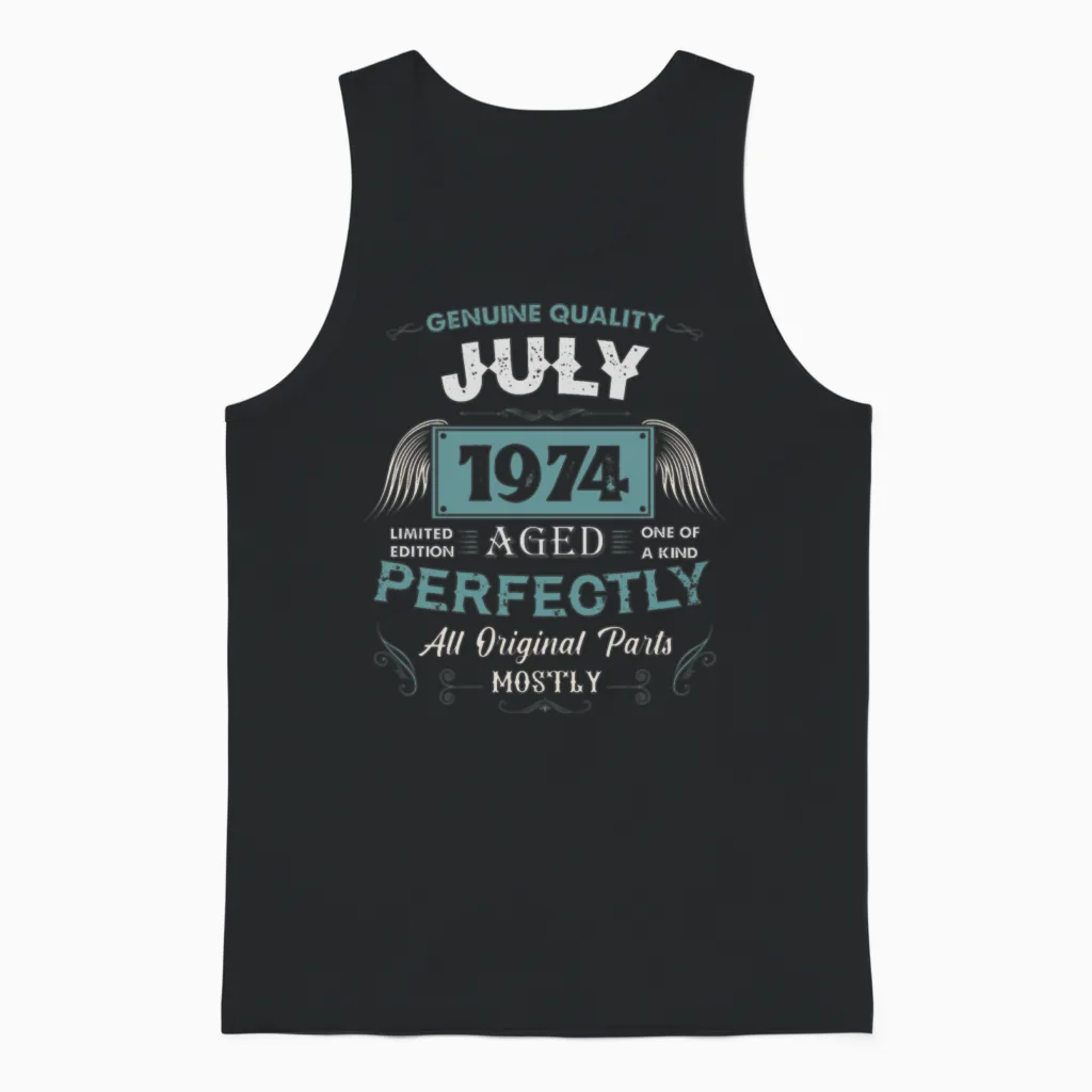 July 1974 Vintage Birthday Present Unisex Tank Top in Black