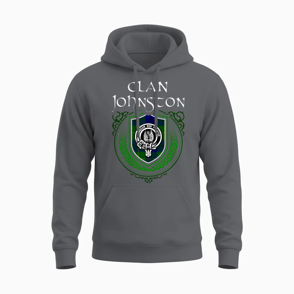 Clan Johnston Scottish Crest Badge and Tartan Unisex Hoodie in Charcoal