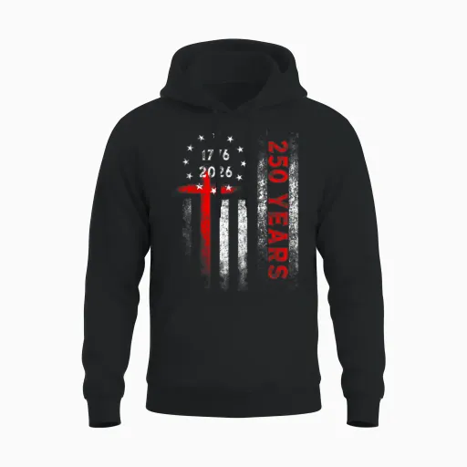 Flag Cross 250 Years Faith and Freedom Flag Cross Unisex Hoodie in Black
