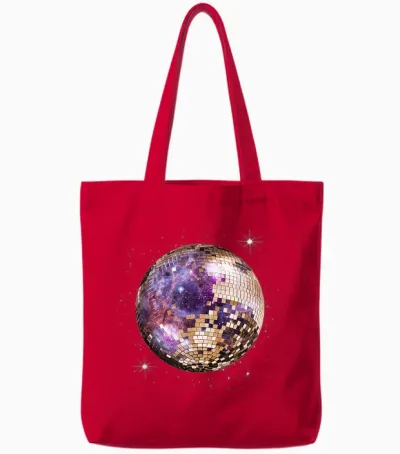 Disco Ball in Space Galaxy Club Retro T-Shirt, Black Tote Bags - Red