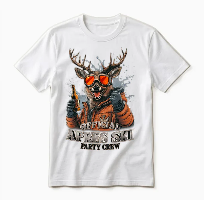 Official Après-Ski Party Crew Skiing T-Shirt, Black Unisex T-Shirt in White