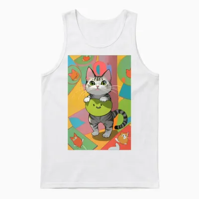 Cartoon Funny Cat Unisex Tank Top - White