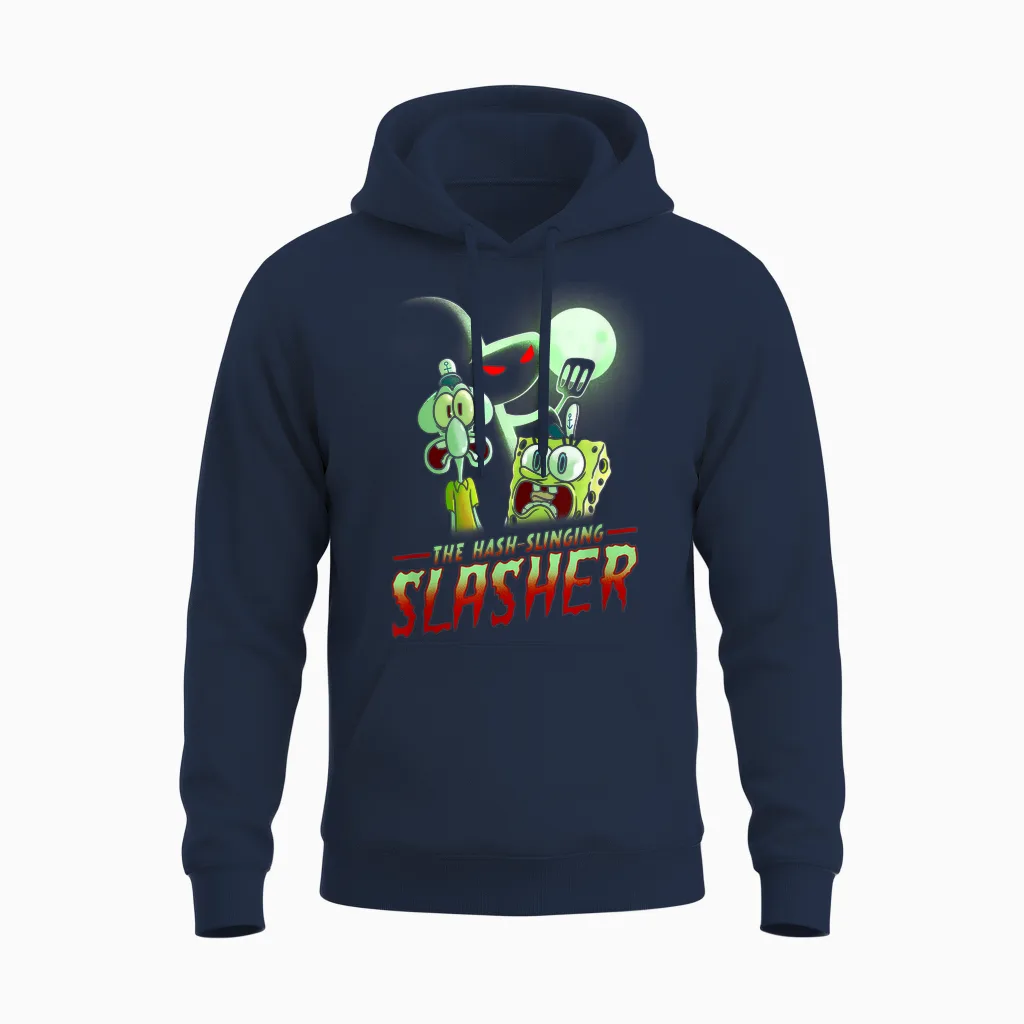 Spongebob Squarepants the Hash Slinging Slasher Spooky T-Shirt, Black Unisex Hoodie in Navy