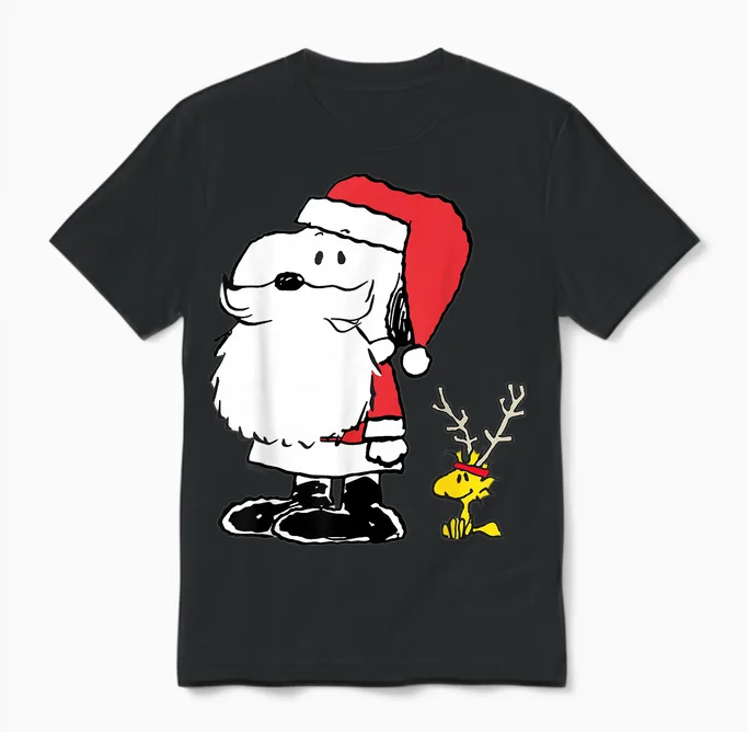 Peanuts Holiday Snoopy Woodstock Antlers Santa Short Sleeve Unisex T-Shirt in Black