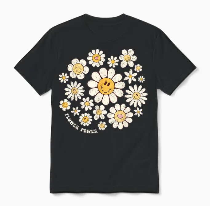 Flower Power Sweet Smile Face Flower Happy Face Flowers Girls Unisex T-Shirt in Black