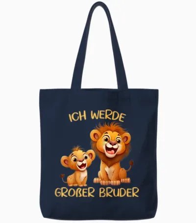 Children's T-Shirt with German Text "ich Werde Großer Bruder Zwei Löwen Baby" [german Language, Black Tote Bags - Navy