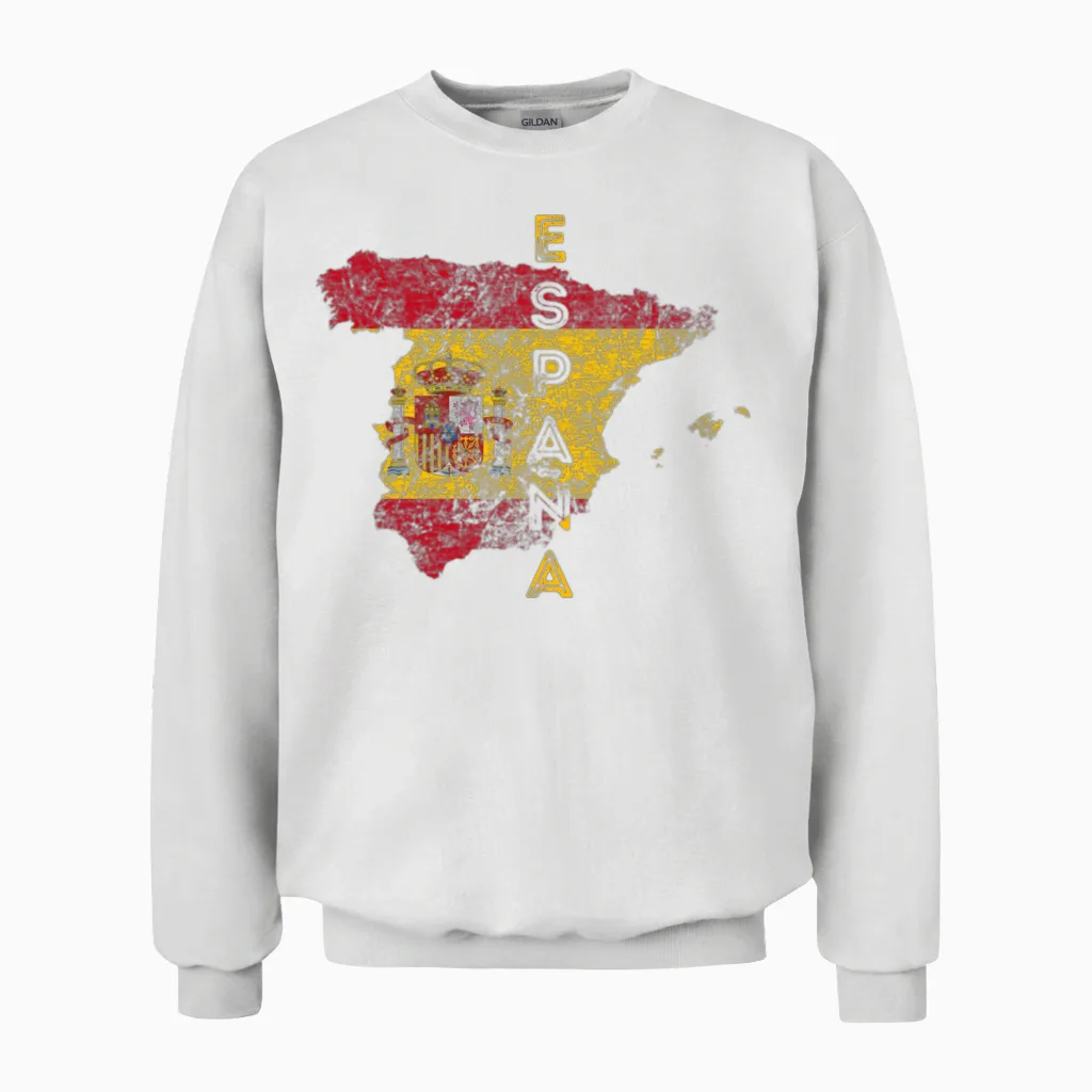 Spain Map and Flag Distressed España Unisex Sweatshirt in White