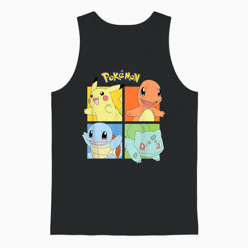 Pokémon - Pikachu Charmander Squirtle Bulbasaur Kanto Region Unisex Tank Top in Black