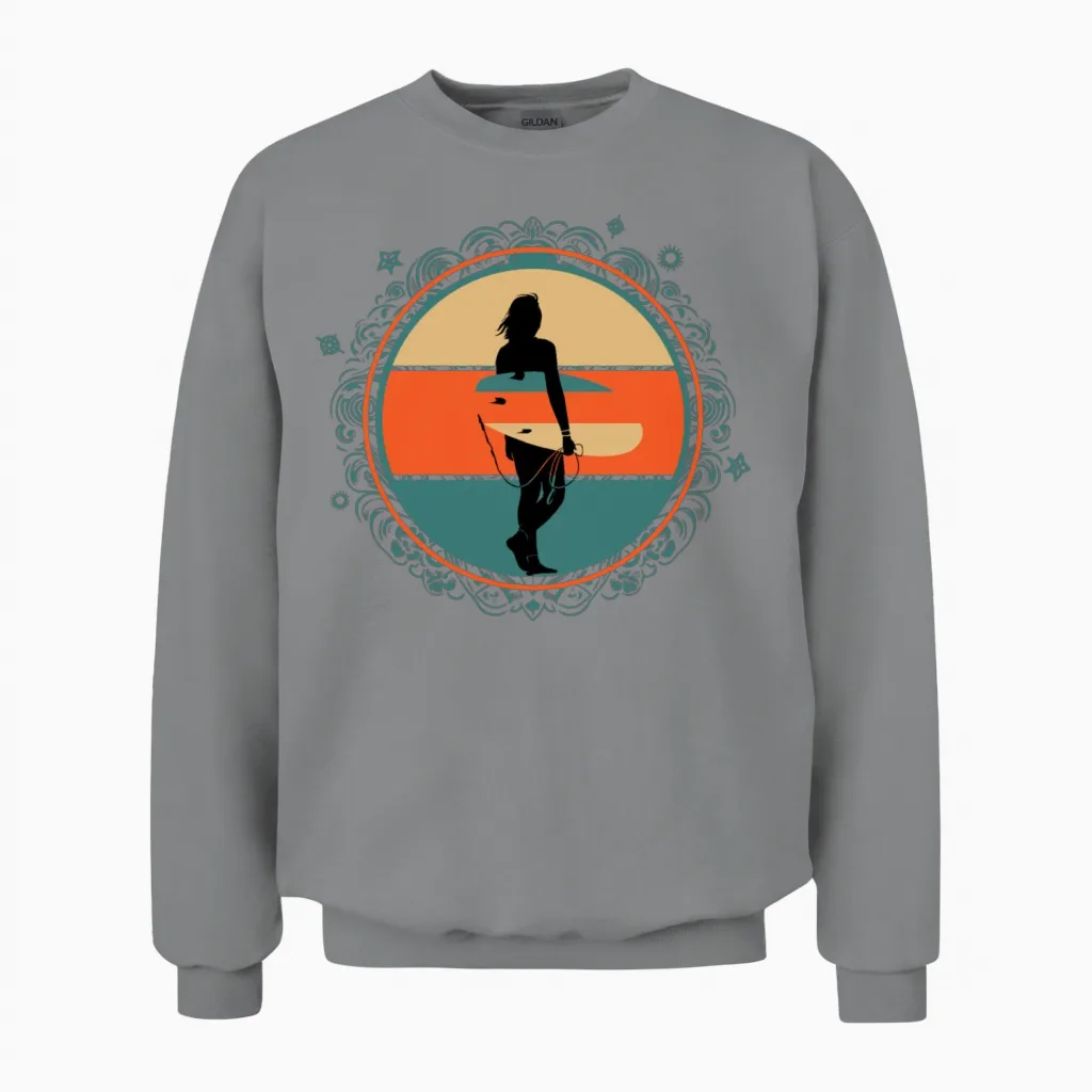Vintage Female Surfer Gift Unisex Sweatshirt in Sport Grey