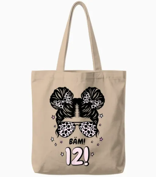 12th Birthday Girl Messy Bun Bäm! Twelve! T-Shirt, Black, S Tote Bags - Natural