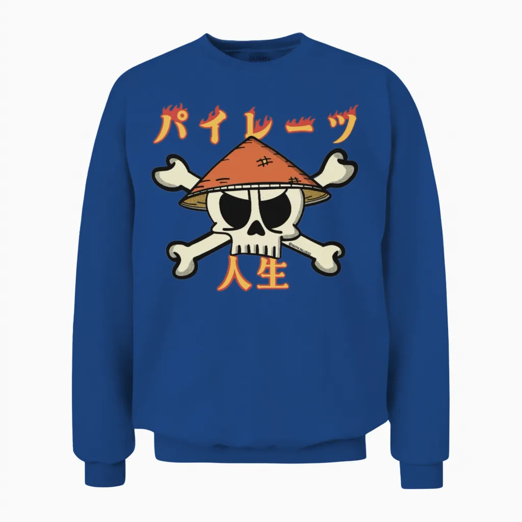 Skull with Straw Hat (a Pirates Life in Japanese) Unisex Sweatshirt in Royal