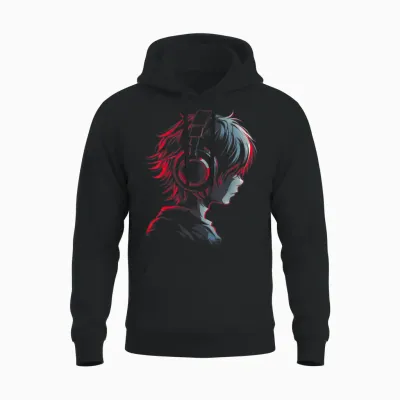 Anime Manga Graphic Headphones Artwork Anime T-Shirt, Black Unisex Hoodie - Black