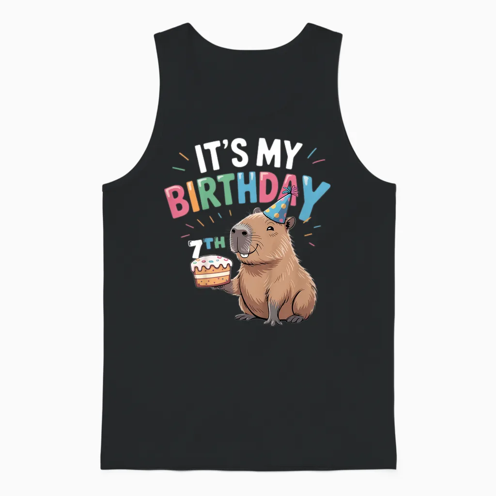Kids 7th Birthday Capybara 7 Years Old Birthday Party Unisex Tank Top in Black