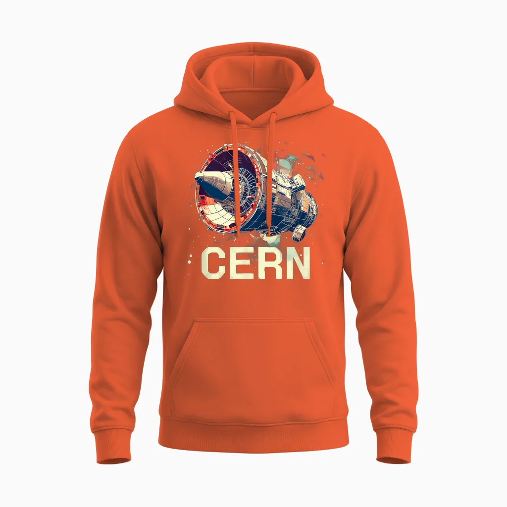 Cern Large Retro Hadron Collider T-Shirt, Black, S Unisex Hoodie in Orange