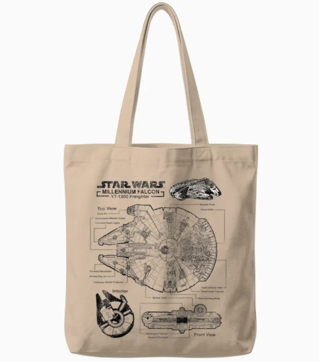 Star Wars Millennium Falcon T-Shirt with Detailed Schematics T-Shirt, Gray, S Tote Bags in Natural