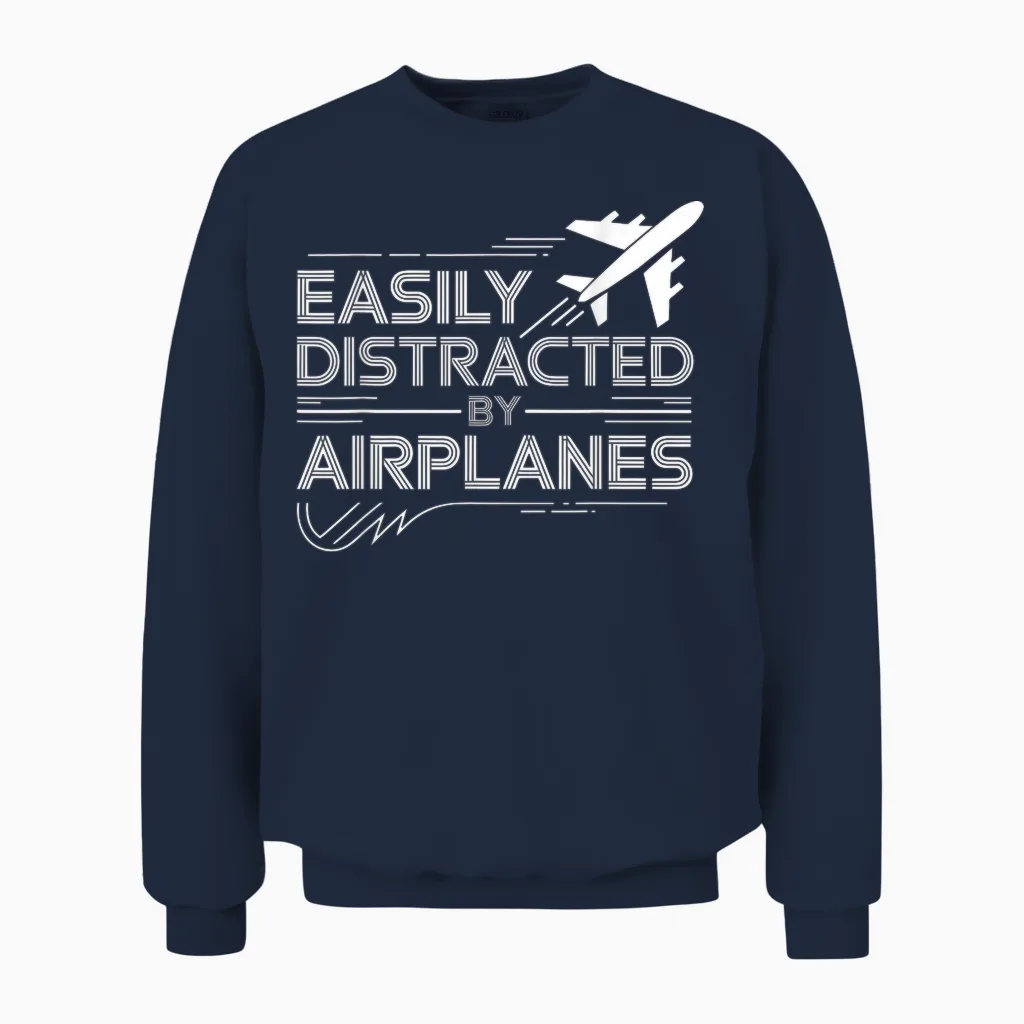 Easily Distracted by Airplanes Aircraft Pilot Aviation Unisex Sweatshirt in Navy