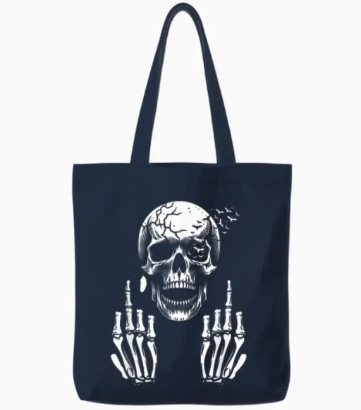 Funny Adult Skull Skeleton Middle Finger F You T-Shirt, Black, S Tote Bags - Navy
