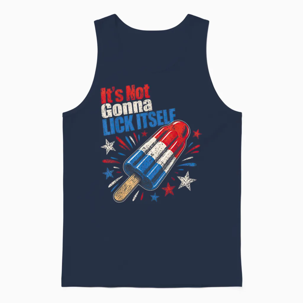 Its Not Gonna Lick Itself 4th July Humor Unisex Tank Top in Navy
