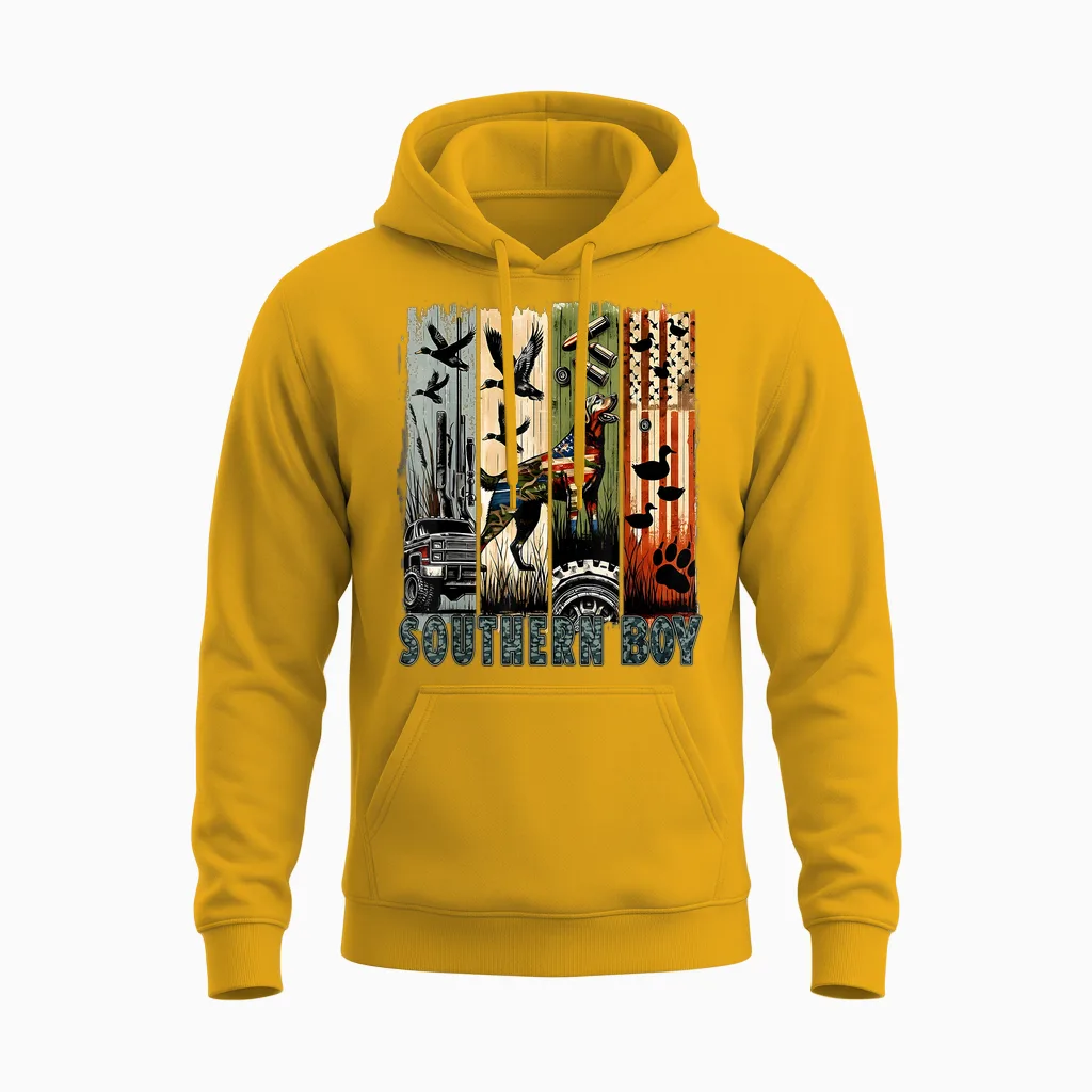 Southern Boy Camo Hunting Duck Dog Patriotic Usa Flag Boys Unisex Hoodie in Gold