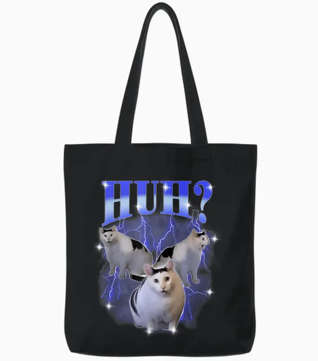 Huh Silly Cat Meme Funny Strange Bootleg Specific Thanks Meme Tote Bags in Black
