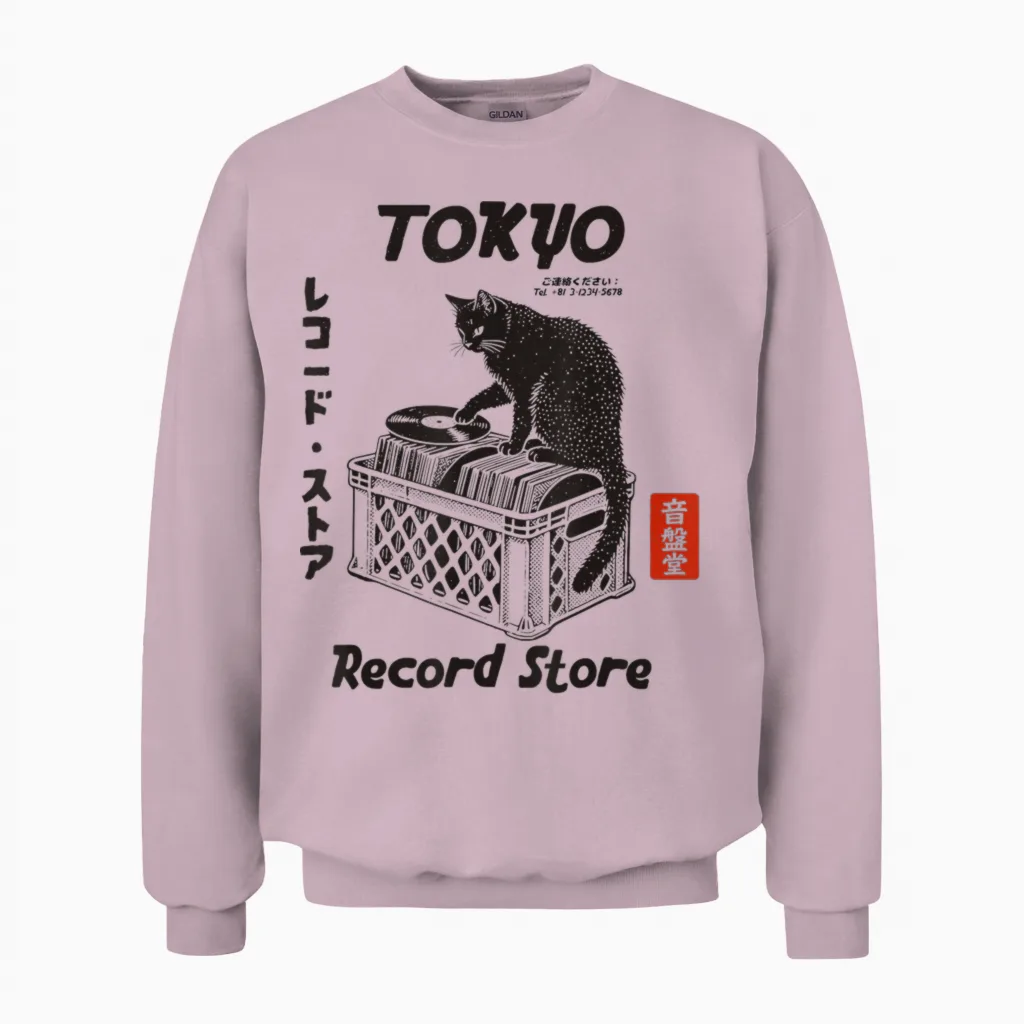 Tokyo Record Store Cat, Musique Vinyle Japonaise Anime Unisex Sweatshirt in Light Pink