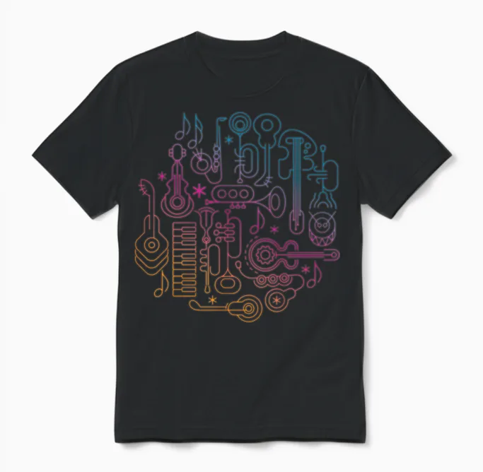 Colorful Music Instruments Lovers Gift Unisex T-Shirt in Black