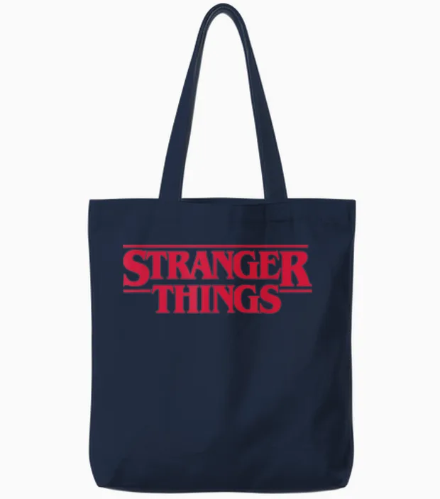 Stranger Things Main Logo T-Shirt, Black, S Tote Bags in Navy