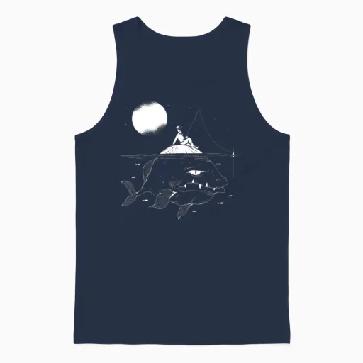 Fisherman Fishing and a Giant Monster Fish Unisex Tank Top in Navy