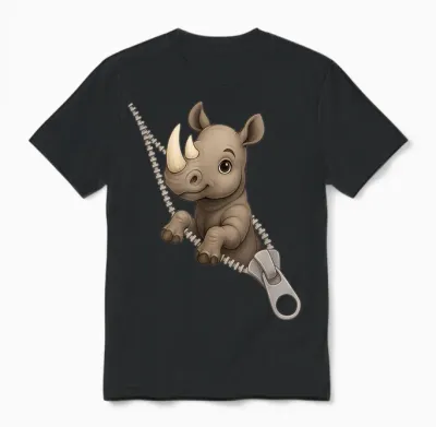 Funny Rhinoceros Rhino Zipper Cute Unisex T-Shirt - Black