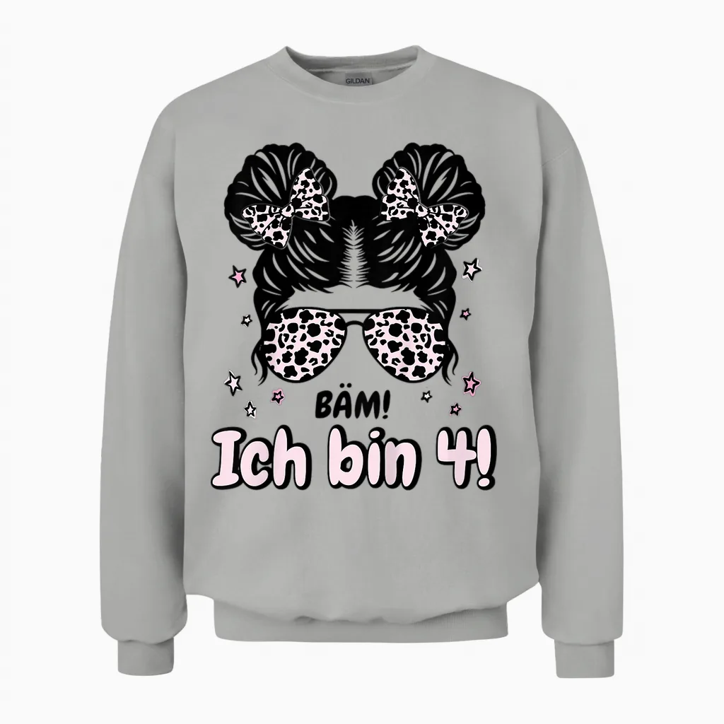 Kinder 4. Geburtstag Mädchen Messy Bun Bäm! Ich Bin Vier Unisex Sweatshirt in Ash