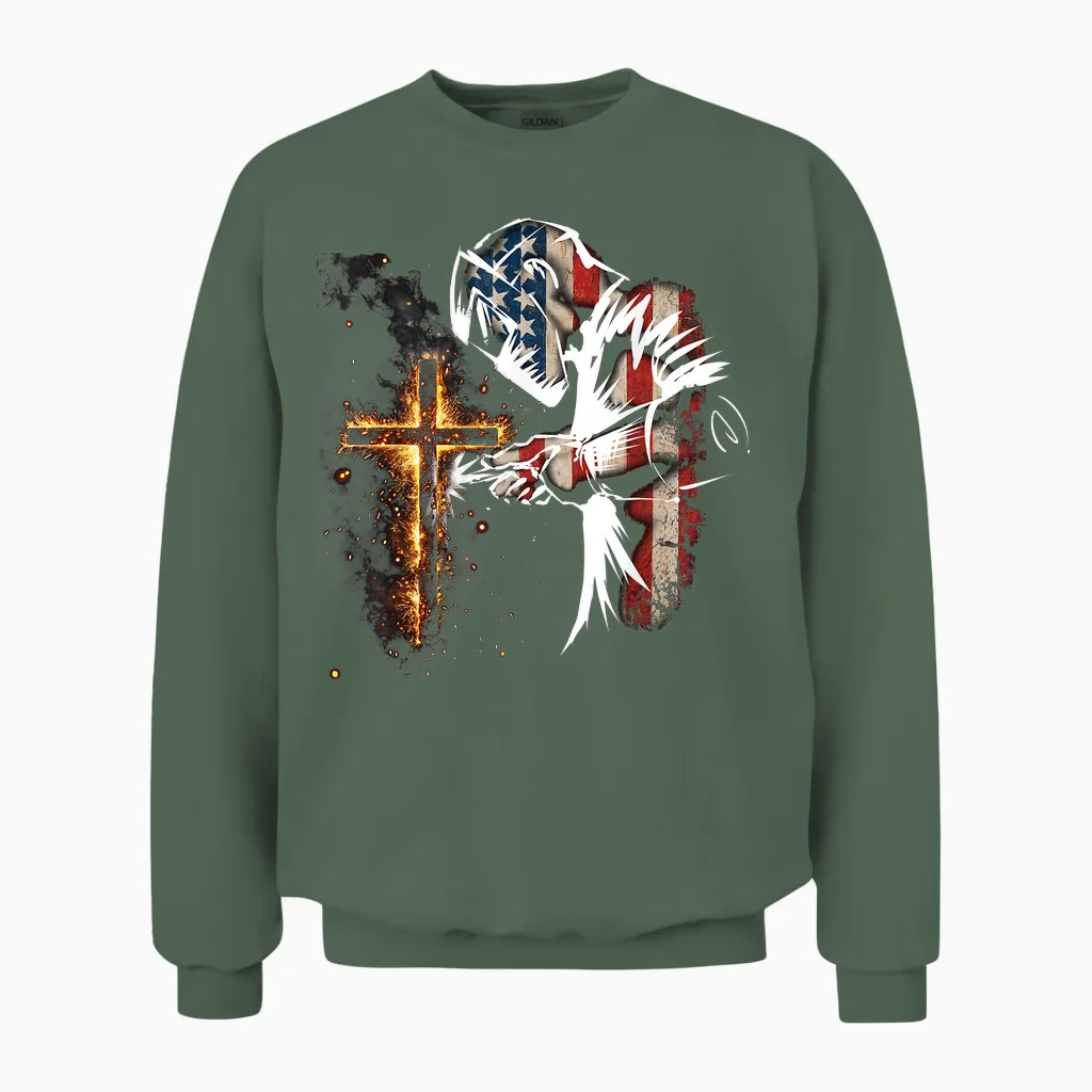 Welder American Flag Mig Tig Welding Faith Cross Christian Unisex Sweatshirt in Military Green