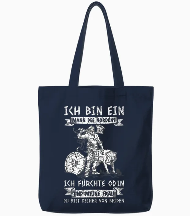 Men's Viking Ich Bin Ein Mann Des Nordens Nordmen T-Shirt, Black, S Tote Bags in Navy