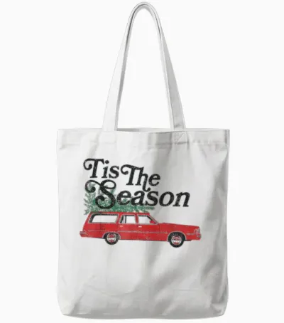’tis the Season Retro Wagon Christmas Tree Holiday Tote Bags - White