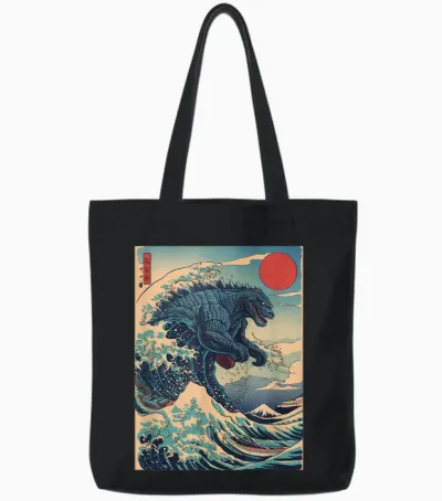 Kaiju Monster Japanese Style Art Great Wave off Kanagawa Tote Bags - Black