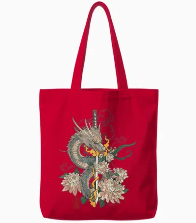 Japanese Dragon Katana Samurai Aesthetic Mythical Art T-Shirt, Black, S Tote Bags - Red