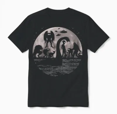 Bigfoot Loch Ness Monster Mothman and Aliens! Funny Cryptid Unisex T-Shirt - Black