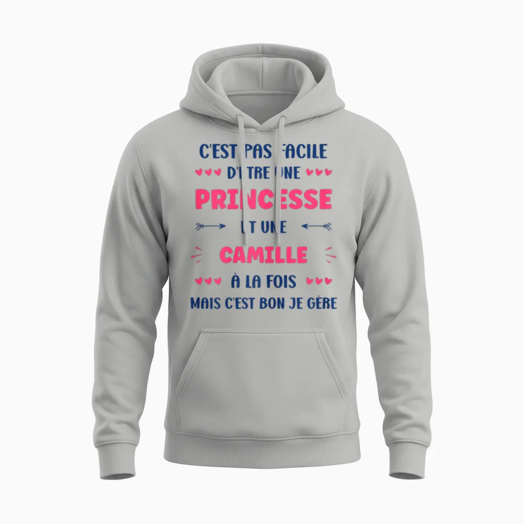 Princess Super Camille Girl Name Humour Camille T-Shirt, White, Female X-Small Unisex Hoodie in Ash