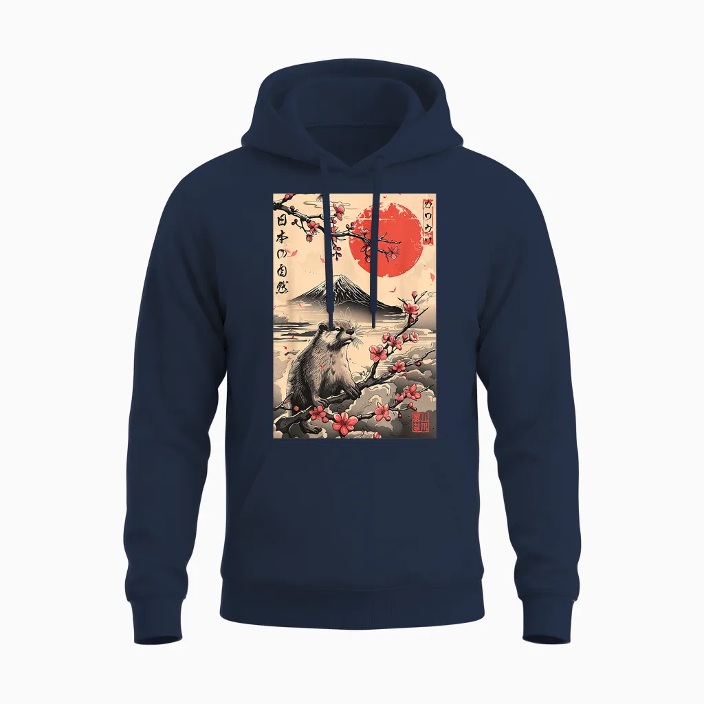 Niedlicher Otter Japanische Natur Mount Fuji Sakura ästhetik Unisex Hoodie in Navy