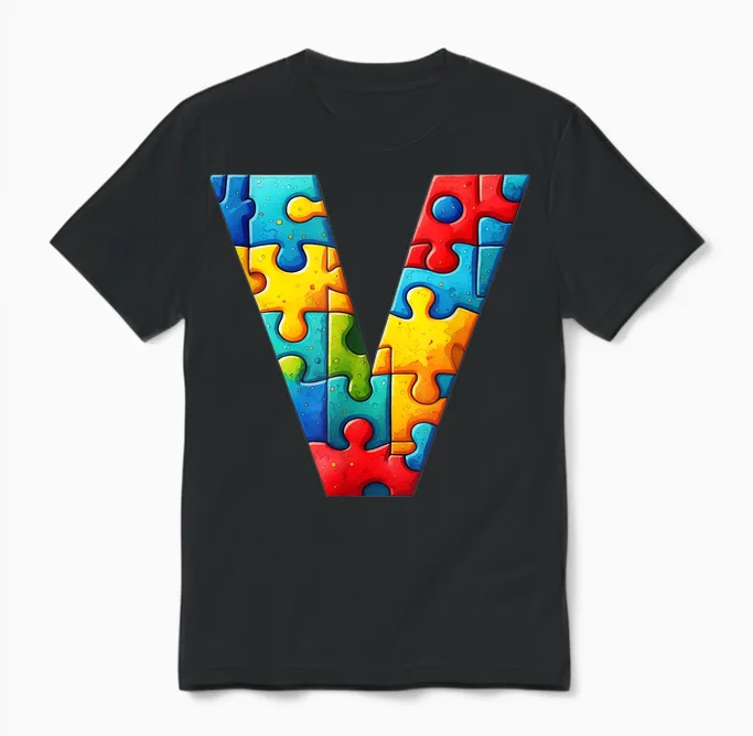 Autism Idée-Cadeau Personnalisé Lettre V Autiste Unisex T-Shirt in Black